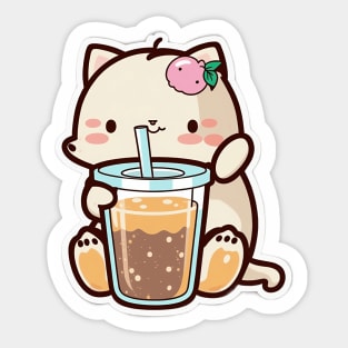 Cute Cat Drinking Bubble Tea Cartoon Boba Drawing Sticker